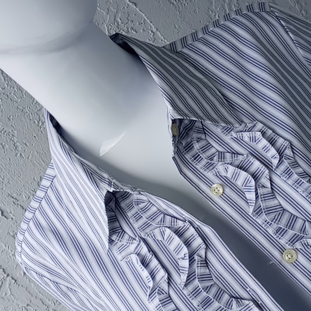 Ann Taylor Ruffled Pin Stripe Shirt Blouse - Picture 9 of 17